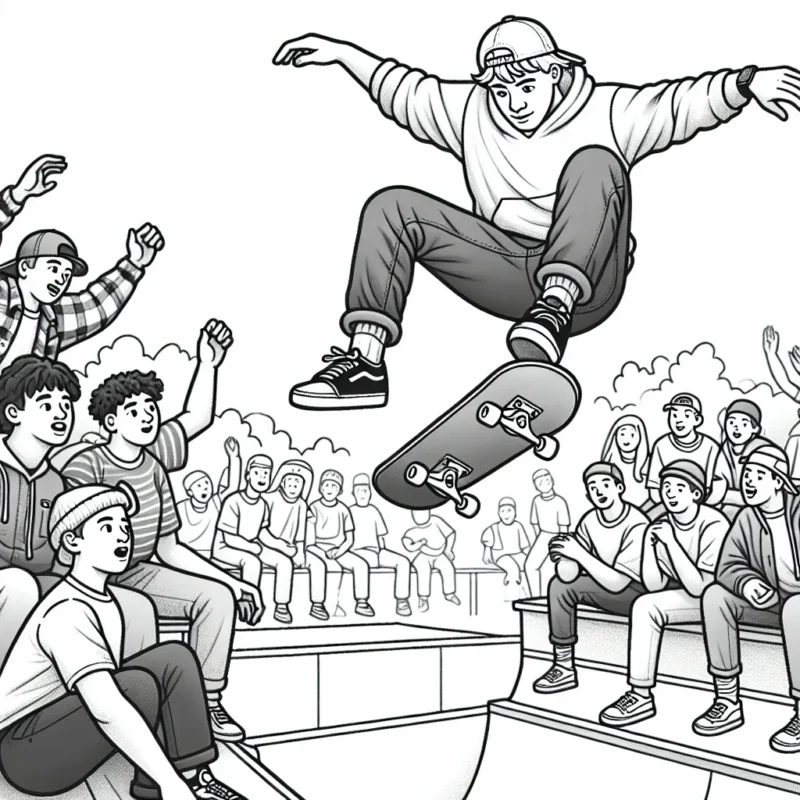 Créez une scène de skateboard dans un skatepark où le personnage principal effectue un trick aérien devant un public étonné
