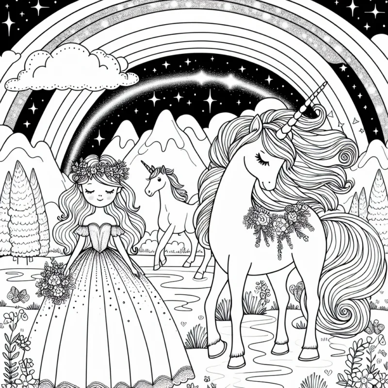 Une princesse féerique dans un royaume de rêve avec un licorne majestueux sous un arc-en-ciel brillant
