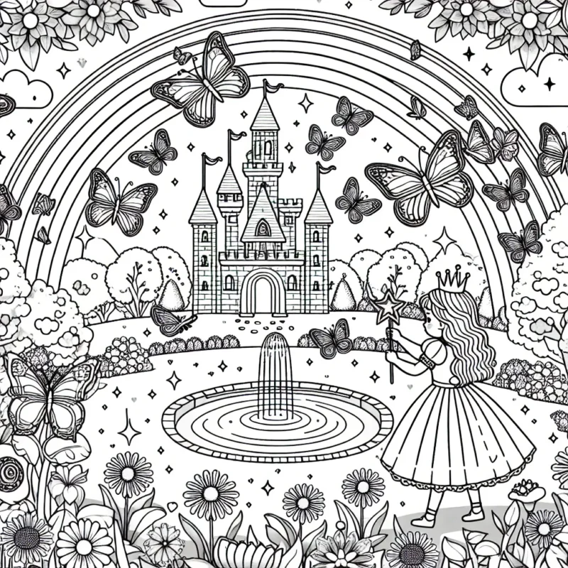 Un parc féerique est envahi par des papillons magiques. Dans ce parc, il y a un grand château, un arc-en-ciel, des fleurs de différentes formes et tailles et un petit étang brillant. Au centre, une petite fille en robe de princesse tient une baguette magique tout en jouant avec les papillons.