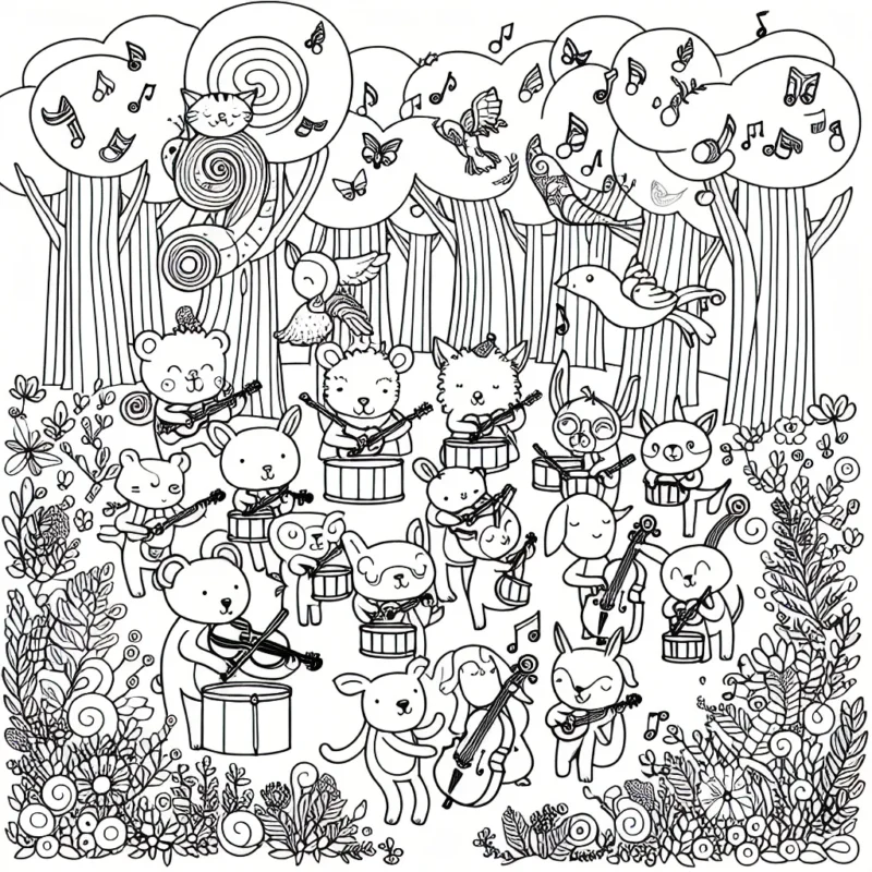 Un groupe d'animaux amusants formant un orchestre dans une forêt enchantée