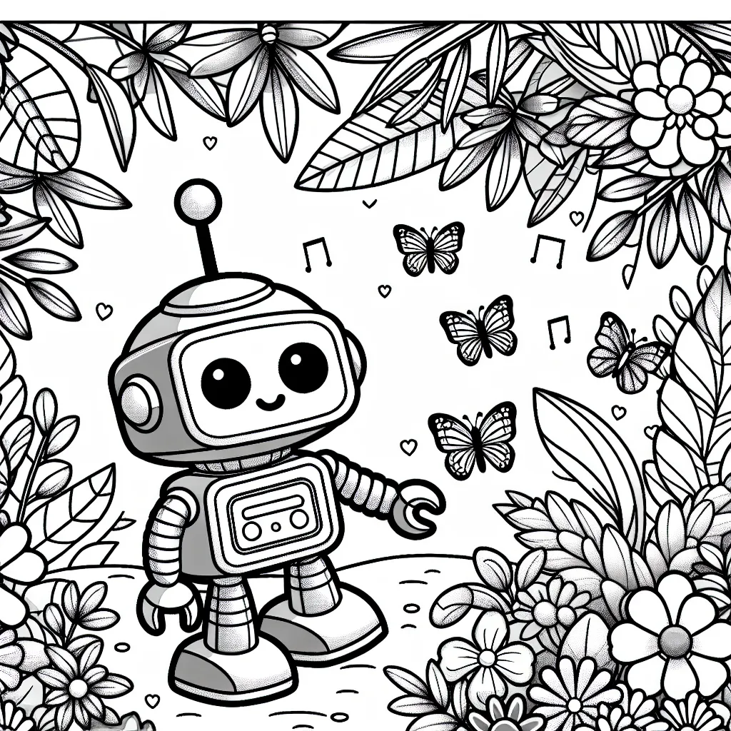 Un petit robot sympathique s’est égaré dans un jardin luxuriant de fleurs et de plantes exotiques. Il est surpris par les couleurs magnifiques des papillons qui volent autour de lui.