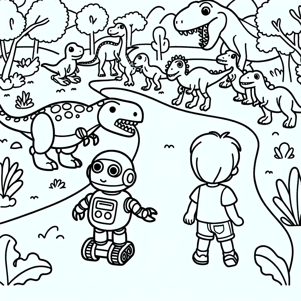 Un petit garçon marche avec son dino robot dans un parc rempli de dinosaures.