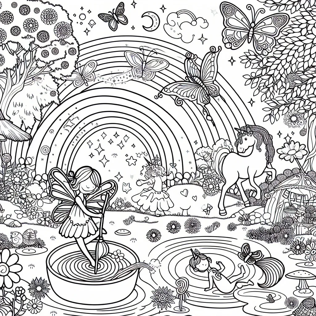 Dessine un joli jardin enchanté avec une fée en train de faire de la magie, des papillons colorés volant autour, une licorne qui mange des arcs-en-ciel et une petite sirène dans une mare.