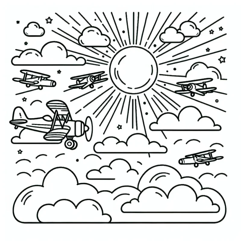Un spectacle aérien avec plusieurs avions volant dans le ciel rempli de nuages et de soleil.