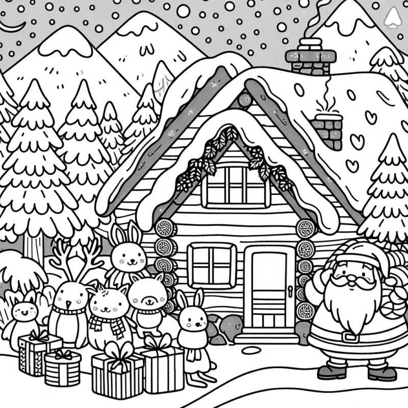 Imagine un chalet dans une douce nuit d'hiver, entouré d'animaux de la forêt et le Père Noël qui vient juste de déposer les cadeaux.