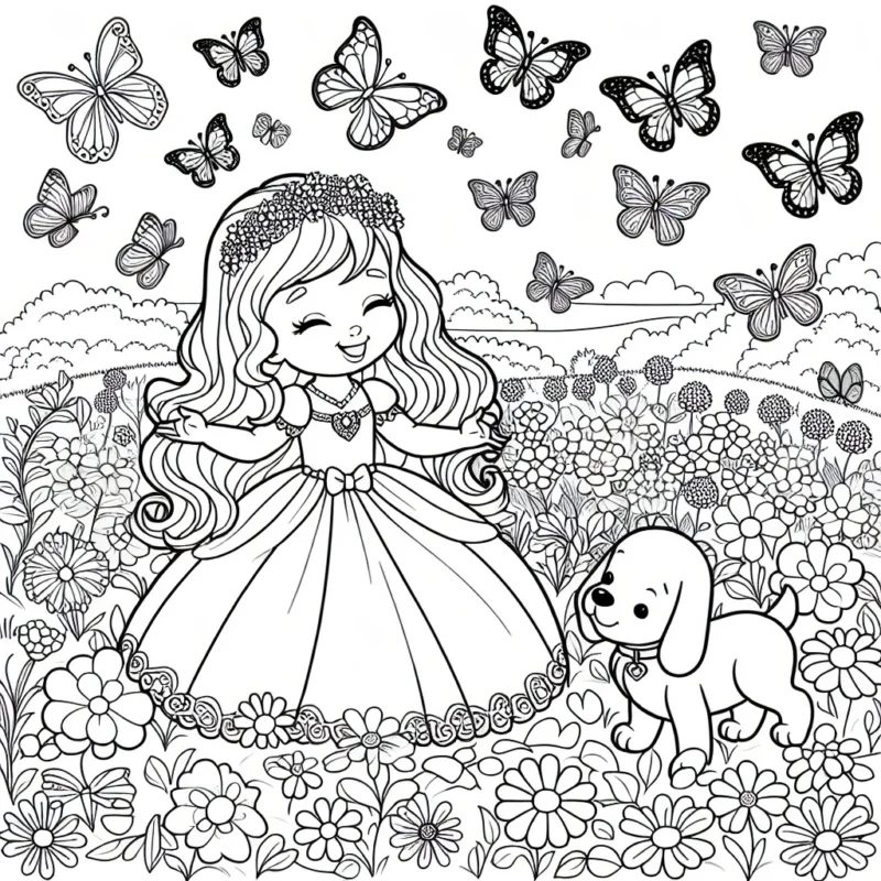 Imagine une petite princesse en train de jouer avec son chien dans un immense jardin fleuri rempli de papillons aux couleurs vives.