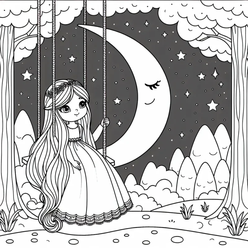 Une princesse aux cheveux longs, assise sur une balançoire en forme de lune, évaluant les étoiles au-dessus de la forêt enchantée.