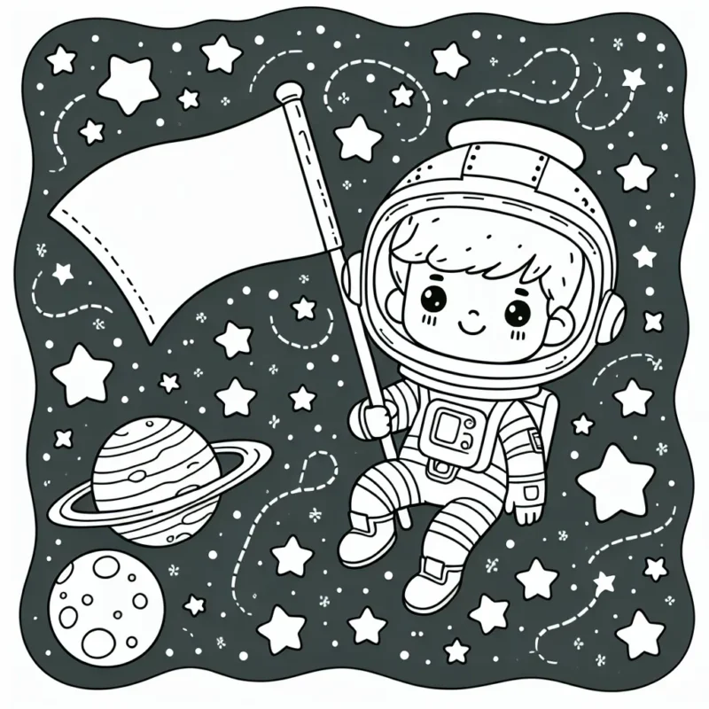 Votre mission est de colorier un astronaute courageux flottant dans la galaxie. Il est entouré de magnifiques étoiles et deux planètes en arrière-plan : Mars et la Terre. L'astronaute tient un drapeau sur lequel vous pouvez dessiner et colorier ce que vous voulez !
