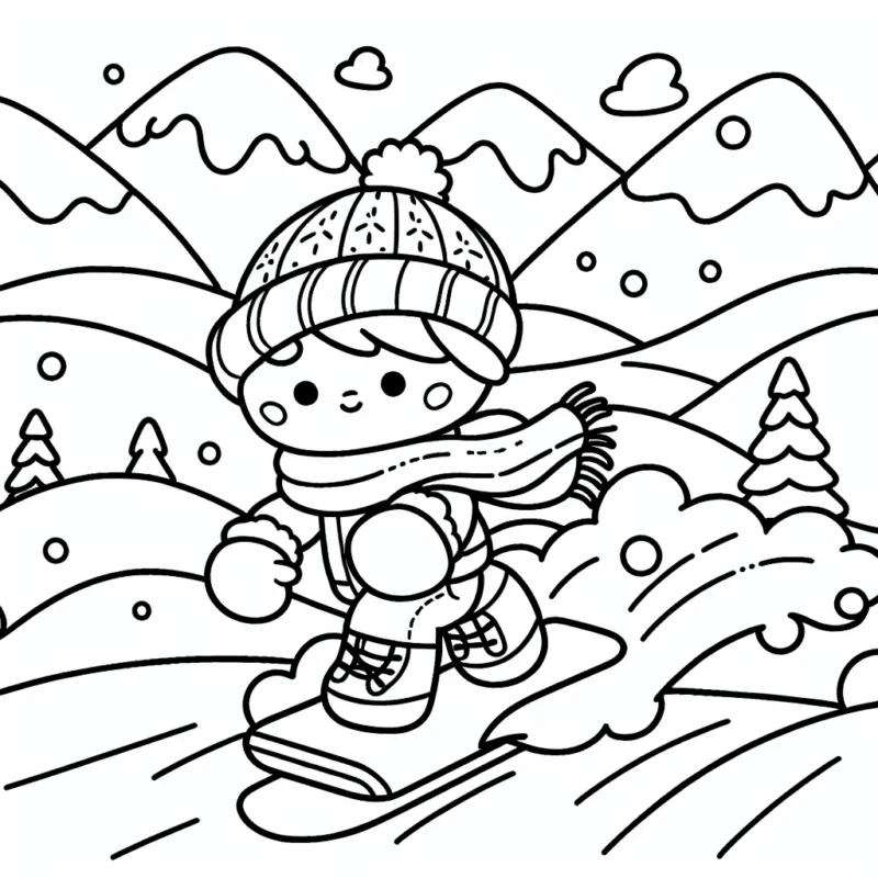 Akim dévalant une montagne enneigée sur son snowboard