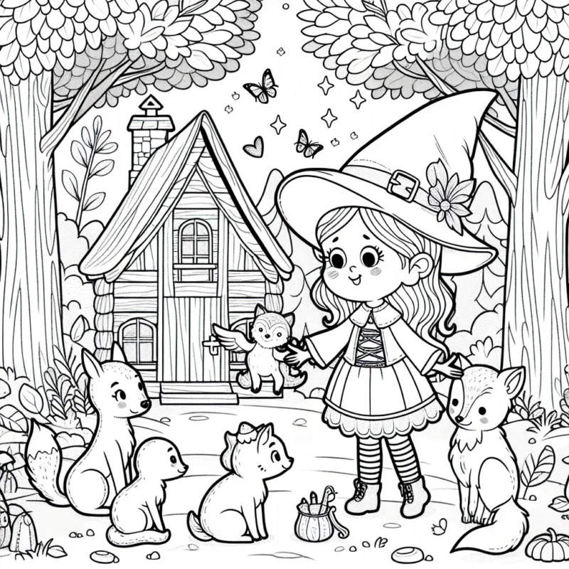 Une gentille petite sorcière joue avec ses amis animaux dans une forêt enchantée.