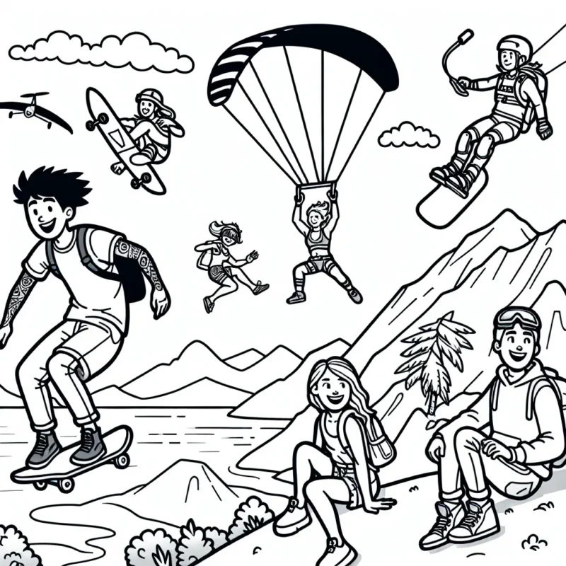 Sur une colline ensoleillée, des sportifs extrêmes s'amusent à exécuter des figures audacieuses. Il y a un skateur sur une rampe, un surfer sur une vague haute comme une montagne, un parapentiste dans le ciel, un grimpeur sur un pic rocheux et un parachutiste qui descend du ciel.