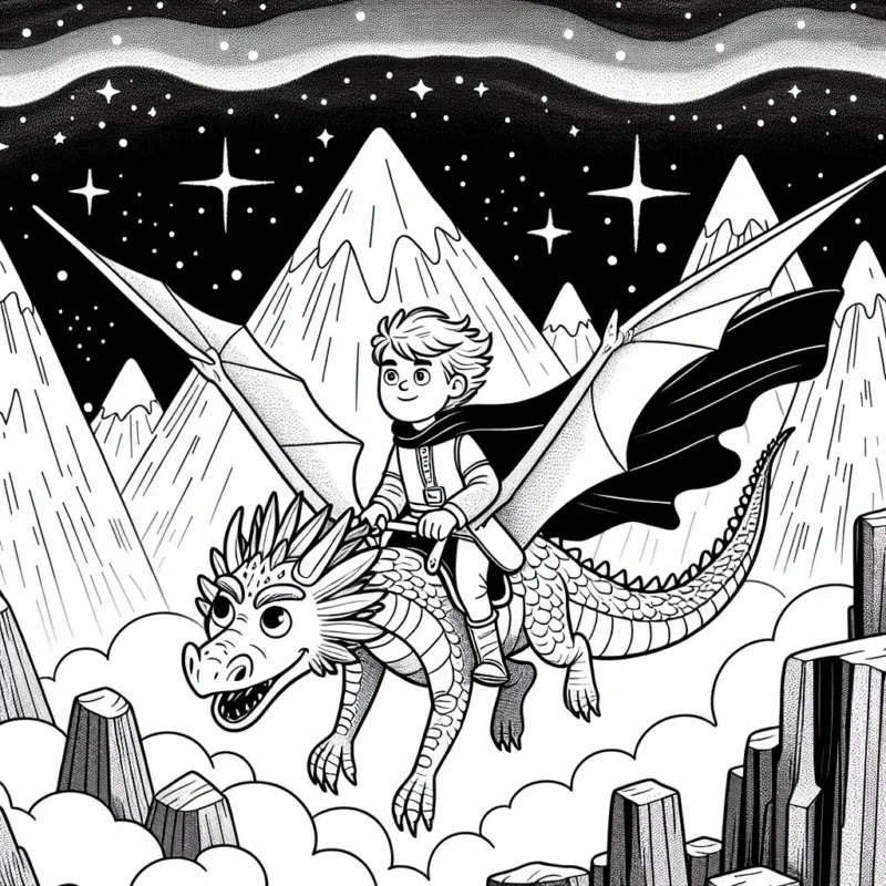 Un jeune prince courageux chevauchant un dragon sympathique dans un paysage montagneux avec un ciel étoilé