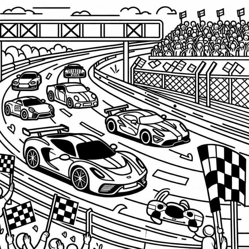 Une scène dynamique de course de voitures avec différentes voitures de sport sur une piste de course, comprenant également des panneaux routiers et des gradins remplis de supporters.