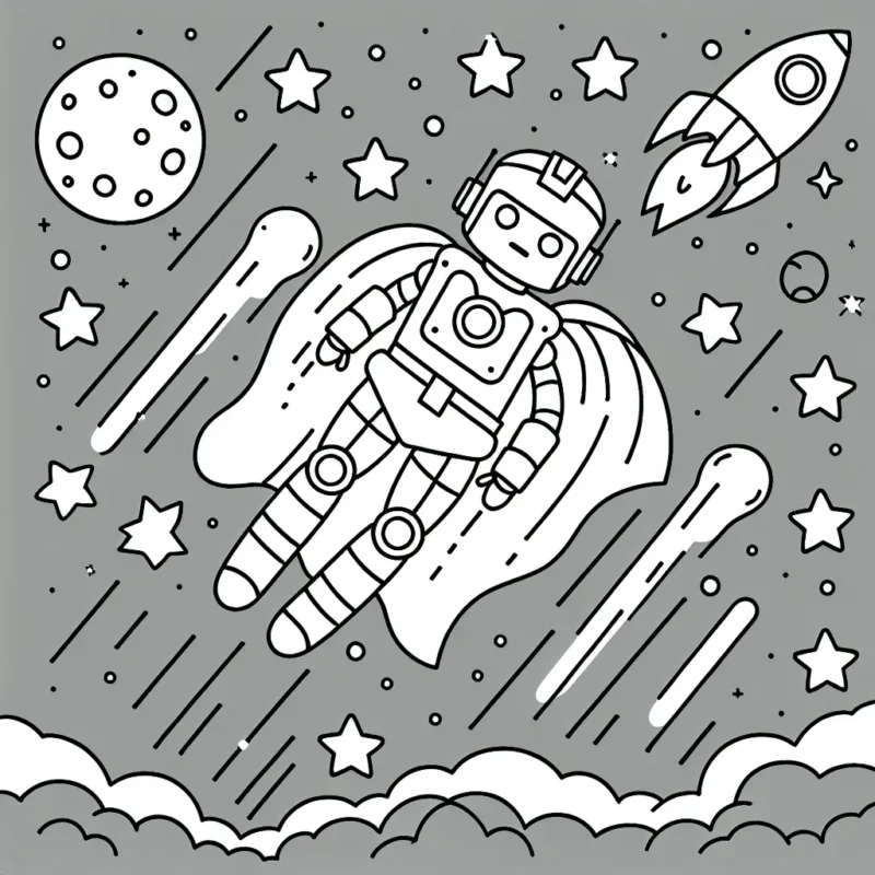 Un robot super-héros volant dans le ciel entouré de comètes