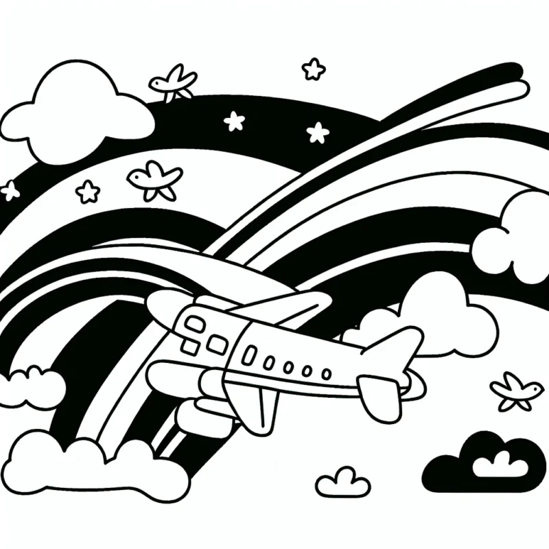 Un avion volant dans le ciel avec un arc-en-ciel et des oiseaux