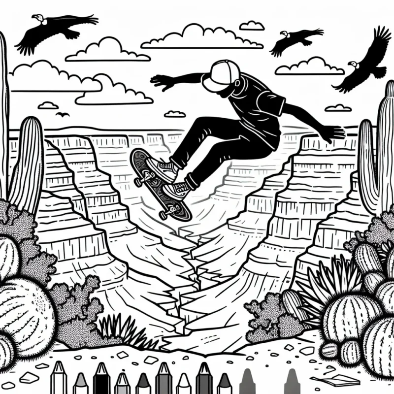 Dessine un skateur effectuant un incroyable saut par-dessus le Grand Canyon avec son skateboard. N'oublie pas d'ajouter des vautours dans le ciel et des cactus autour du Canyon pour plus de détails. Sois créatif avec les couleurs !