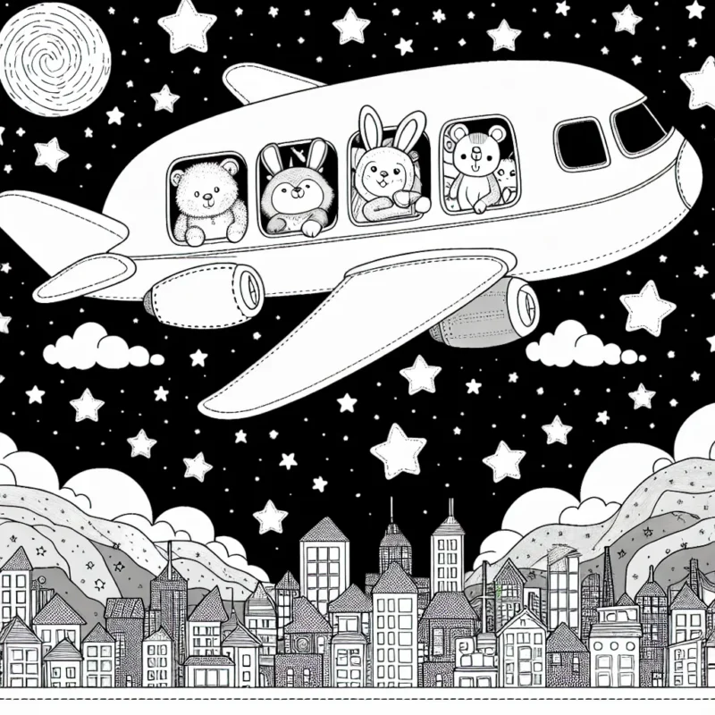 Un avion survolant le ciel étoilé avec divers animaux à bord regardant par les fenêtres, tandis qu'une ville illuminée brille en-dessous.