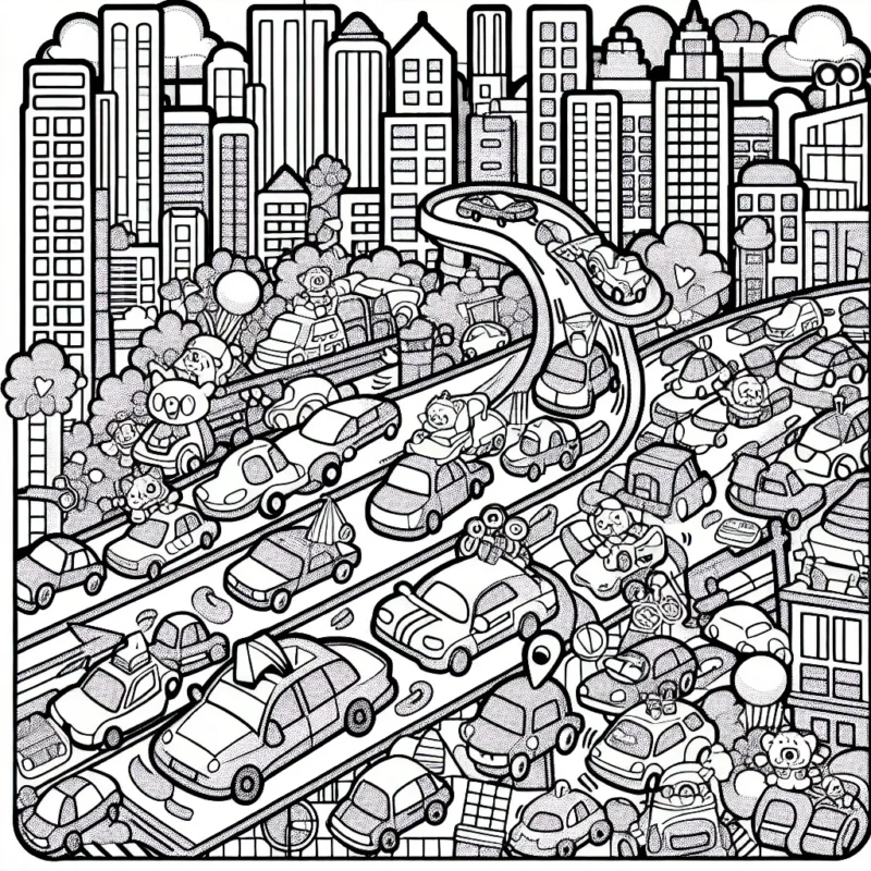 Une scène de course de voitures rigolotes en plein cœur d'une ville animée, parsemée de tas de petits détails à colorier.