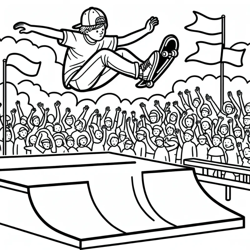 Dessinez un jeune skateur s'envolant au-dessus d'une rampe dans un parc de skate, avec la foule en arrière-plan agitant des drapeaux et applaudissant.
