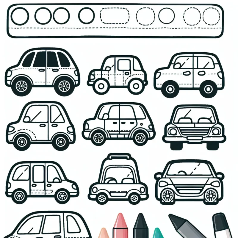 Créer un dessin à colorier qui présente différentes voitures par marque
