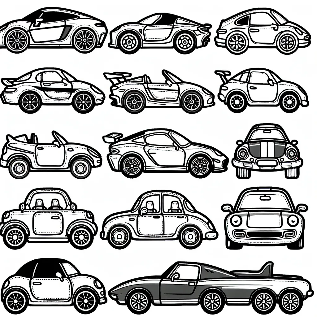 Coloriage détaillé montrant différentes marques de voitures, y compris Ferrari, Renault, BMW, et autres marques notoires. Vous trouverez des voitures de sport, des voitures classiques et des voitures familiales à colorier.