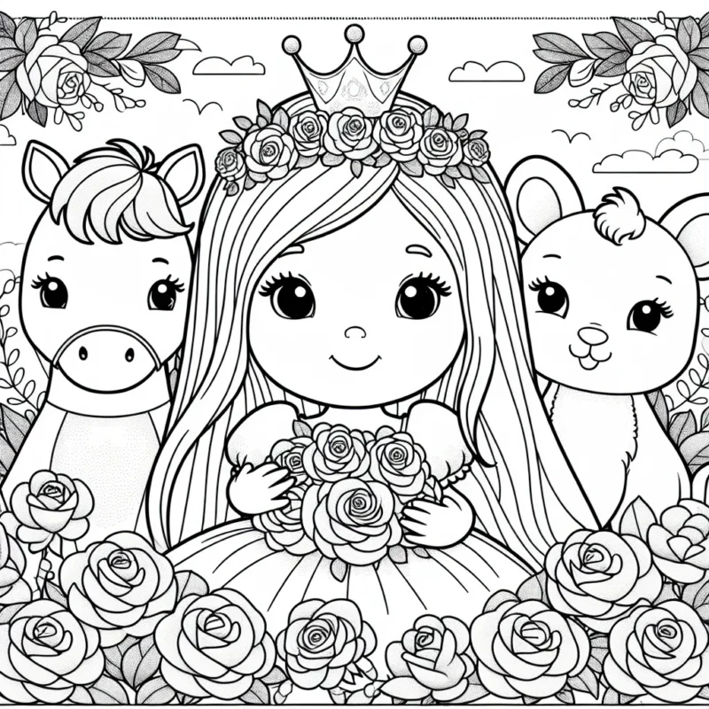Imagine une petite princesse avec ses amis animaux dans un jardin royal plein de roses brillantes et colorées.