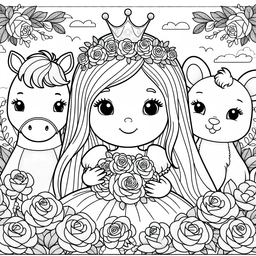 Imagine une petite princesse avec ses amis animaux dans un jardin royal plein de roses brillantes et colorées.