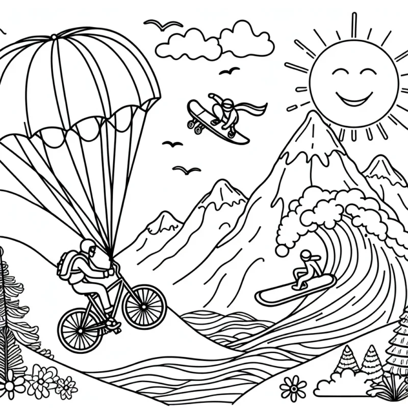 Un parachute à vélo en moto, une planche à neige sur une montagne escarpée et un surfeur chevauchant une vague massive. En arrière-plan, on peut voir un soleil souriant, des nuages et des oiseaux chevauchant le vent.