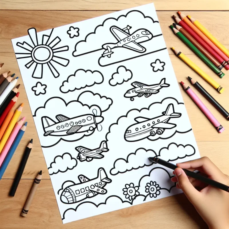 Sur votre feuille blanche, vous pouvez voir plusieurs types d'avions volant dans le ciel. Avec votre imagination et vos crayons colorés, donnez vie à cette belle scène !