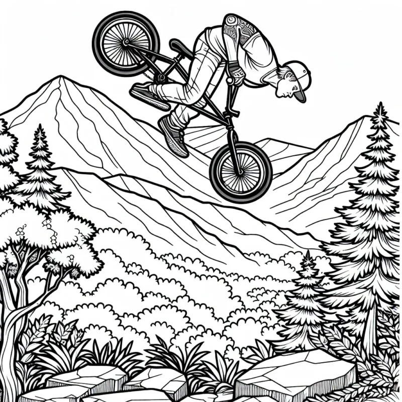 Dessine un athlète accomplissant des acrobaties spectaculaires sur un vélo de BMX sur les pentes accidentées d'une montagne. Il y a des rochers, des arbres et un magnifique paysage en arrière-plan. Assure-toi de capturer l'excitation et l'adrénaline de ce sport extrême!