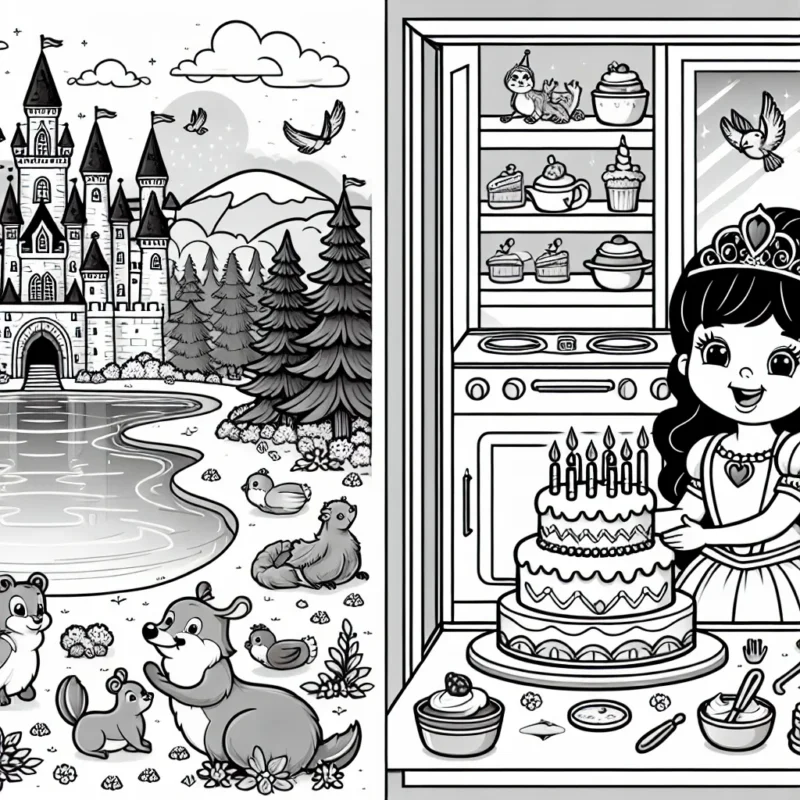 Un magnifique château de princesse au bord d'un lac étincelant, entouré d'animaux de la forêt et d'oiseaux volants de toutes les couleurs. À l'intérieur, la princesse est en train de préparer un gâteau d'anniversaire dans une cuisine royale pour ses amis.