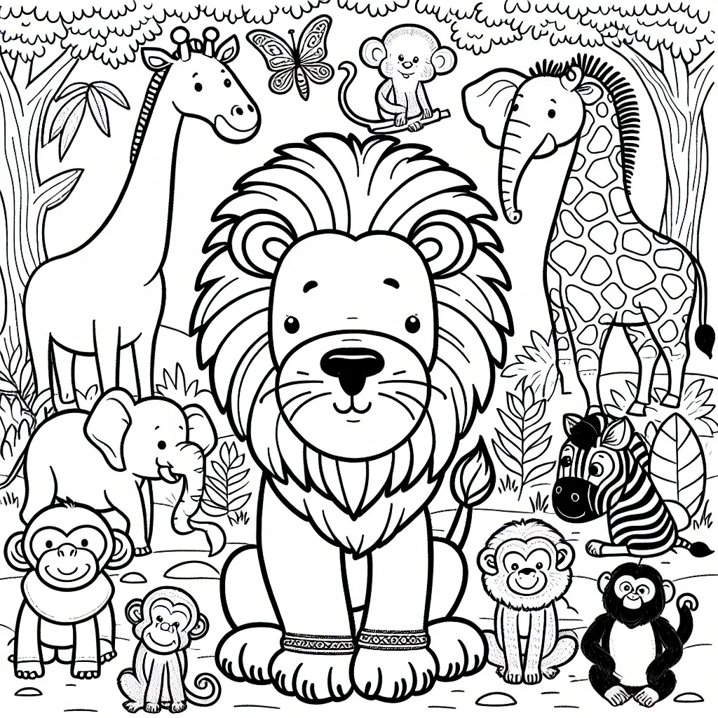 Imagine un fier lion chef d'une horde d'animaux de la jungle, entouré de ses amis les singes, les éléphants, les girafes, les chimpanzés et les zèbres. Colorie chaque animal avec ses caractéristiques distinctes pour rendre la jungle plus vivante!