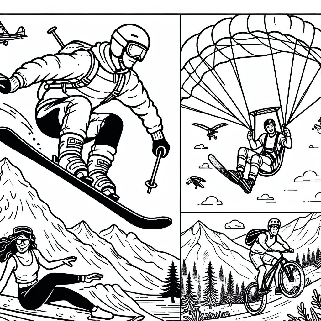 Dessine un skieur qui fait du saut acrobatique sur une montagne enneigée, un surfeur à faire du surf sur de grandes vagues, un parachutiste dans le ciel et un athlète faisant du BMX dans un parc de skate.