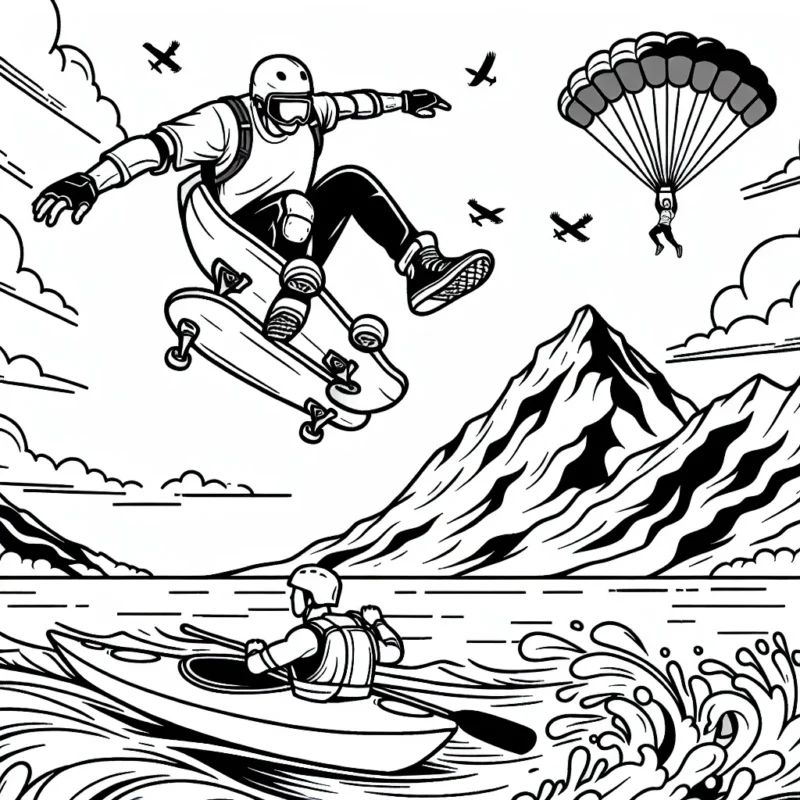 Une scène captivante d'un skateur sautant par-dessus une rampe à grande vitesse, sous un ciel éclatant. Sur le côté, un kayakiste navigue sur des eaux agitées. En arrière-plan, une montagne impressionnante avec des parachutistes en plein vol.