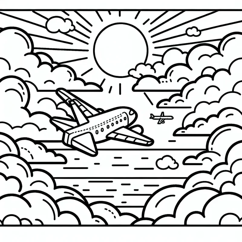 Un avion volant au-dessus des nuages avec le soleil à l'horizon