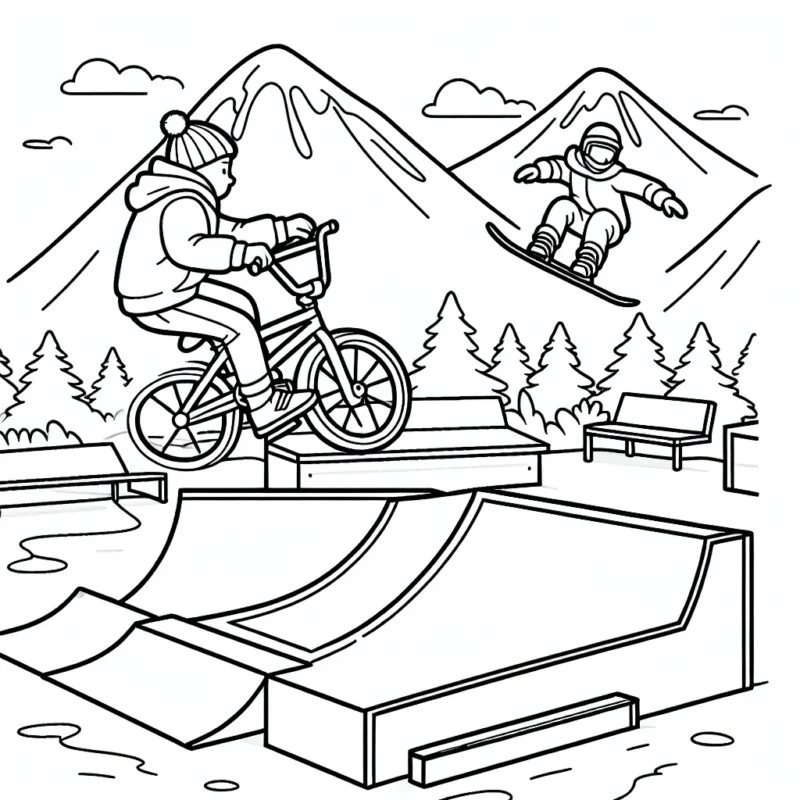 Un vélo BMX effectuant un saut spectaculaire au-dessus d'une rampe dans un skatepark, avec un snowboarder en plein saut à l'arrière-plan sur une montagne enneigée.