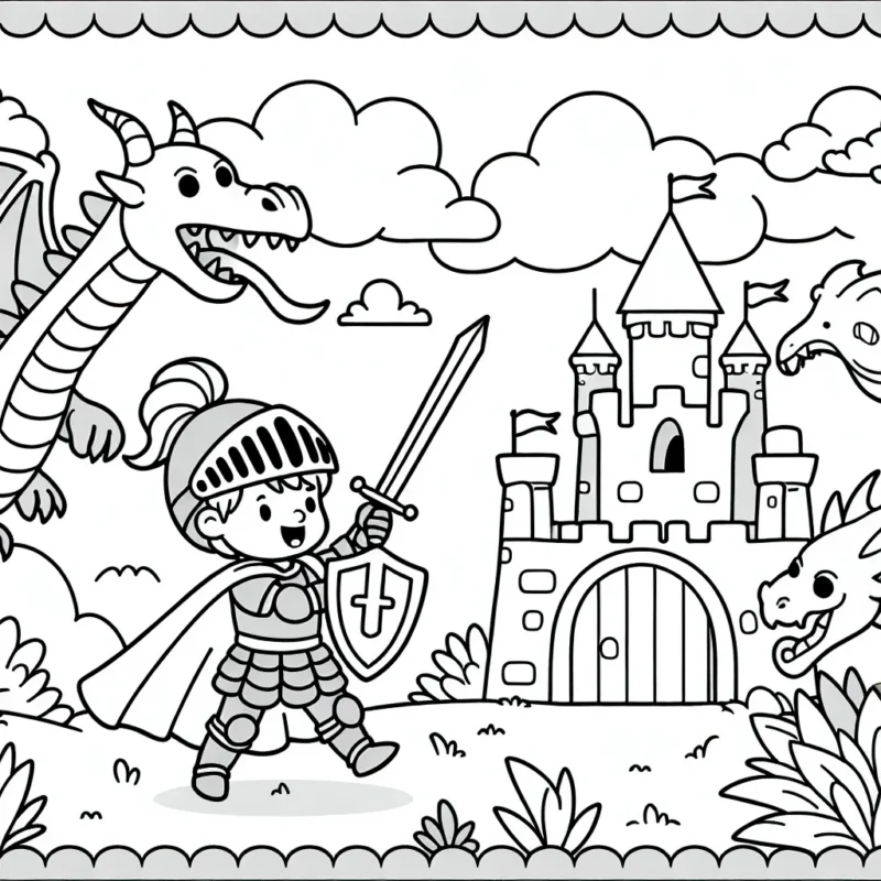 Un jeune chevalier courageux protégeant un château contre un dragon redoutable