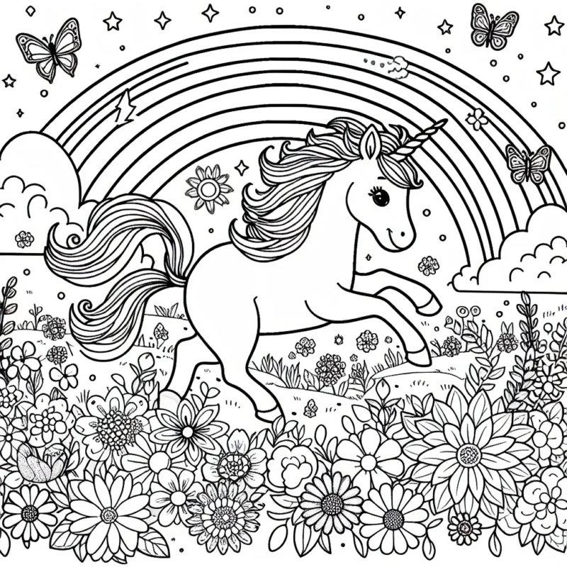 Imagine une scène magique avec des licornes qui jouent dans un grand jardin entouré de belles fleurs et de petits papillons colorés. Pense à colorier le ciel avec un magnifique arc-en-ciel.