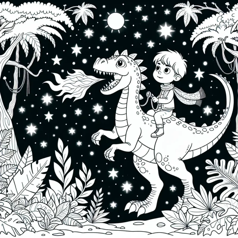 Un petit garçon courageux chevauchant un dinosaure qui respire le feu au travers d'une mystérieuse jungle sous un ciel étoilé.