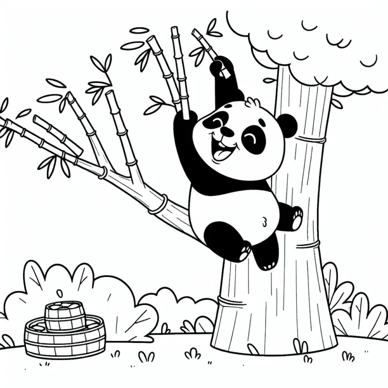 Un joyeux panda affamé essayant d'atteindre des pousses de bambou tout en haut d'un arbre