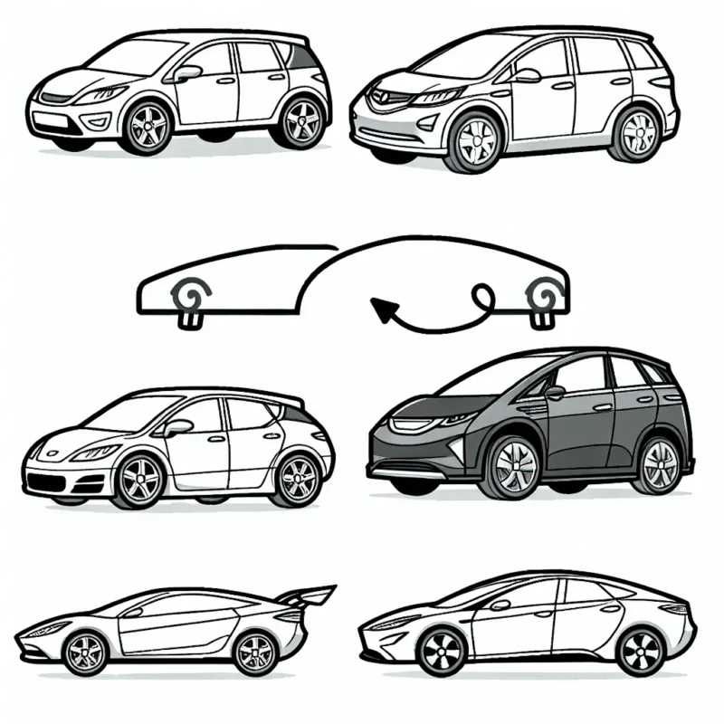 Dessine une série de voitures, chaque voiture correspondant à une marque spécifique comme Mercedes, BMW, Audi, Tesla et Ferrari. Assure-toi de capturer les détails qui rendent chaque marque unique.