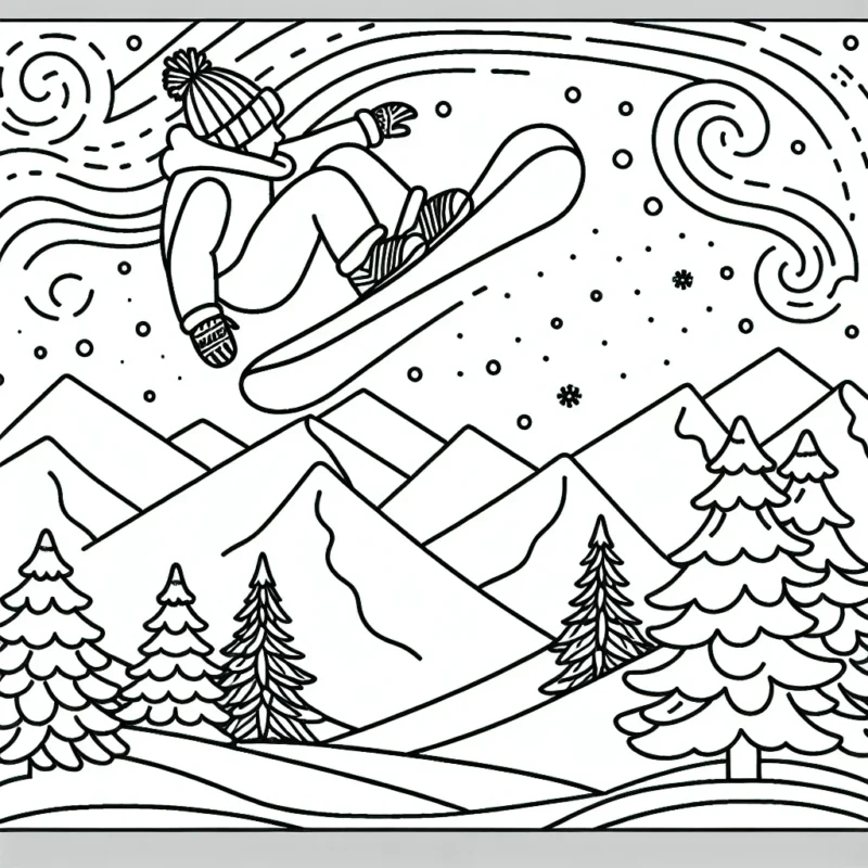 Dessine un snowboarder en plein saut périlleux sur une montagne enneigée