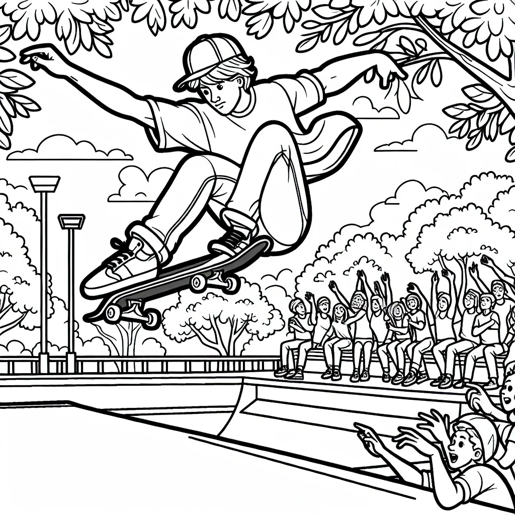 Dessine un skateur professionnel audacieux exécutant une figure acrobatique impressionnante dans un magnifique parc de skate, rempli d'arbres luxuriants et de spectateurs émerveillés.