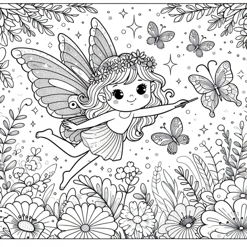 Dessinez une scène fantastique dans laquelle une jeune fée aux ailes pailletées vole avec des papillons colorés dans un jardin de fleurs luxuriantes.