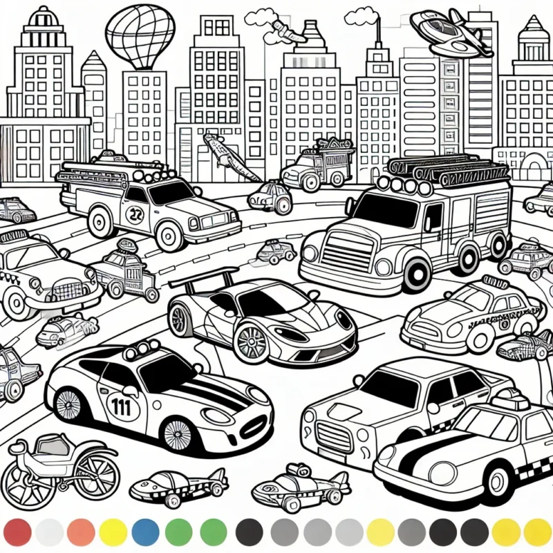 Une course de voitures animée au coeur de la ville, avec différentes types de voitures et beaucoup de couleurs à remplir. Il y a des voitures de sport, des camions de pompiers, des taxis jaunes et même des voitures volantes.