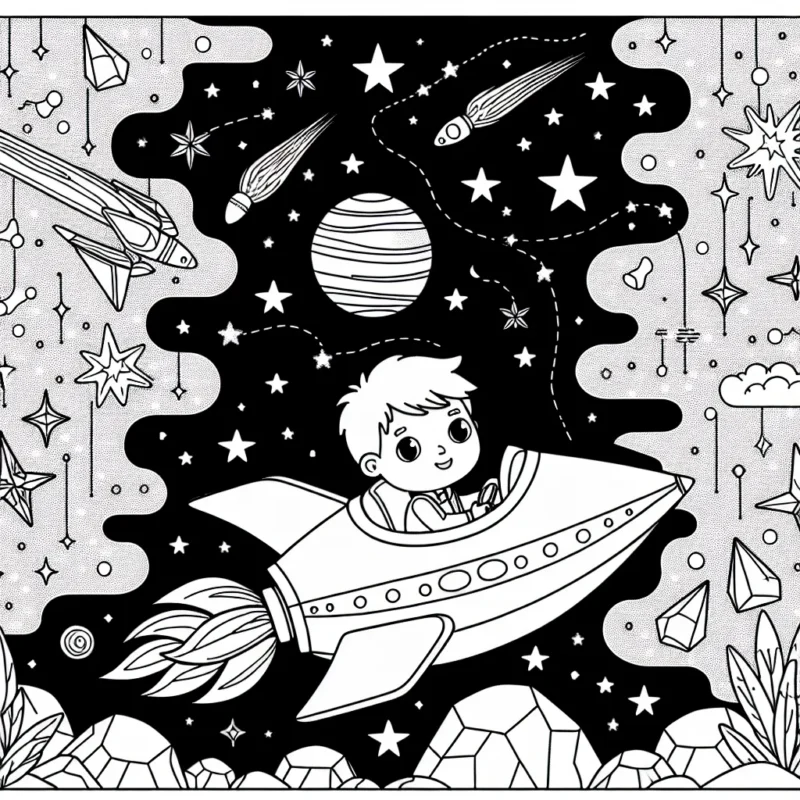 Un petit garçon pilote un vaisseau spatial coloré à travers le ciel étoilé en direction d'une planète lointaine peuplée de créatures amicales. Des météorites scintillantes et des constellations intrigantes ajoutent à la magie du voyage.