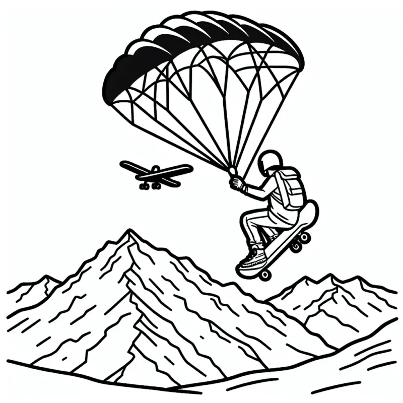 Un parachutiste qui fait du skateboard en haut d'un montagne enneigé