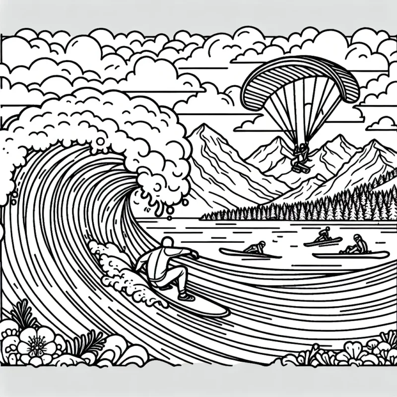 Un surfeur audacieux navigue sur une grande vague, avec des montagnes enneigées au loin où l'on voit des snowboarders. Un parapentiste flotte dans le ciel bleu.Remplissez les scènes de couleurs vives.