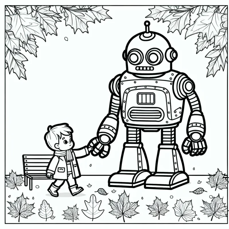 Un petit garçon joue avec son robot géant dans un parc rempli de feuilles d'automne.