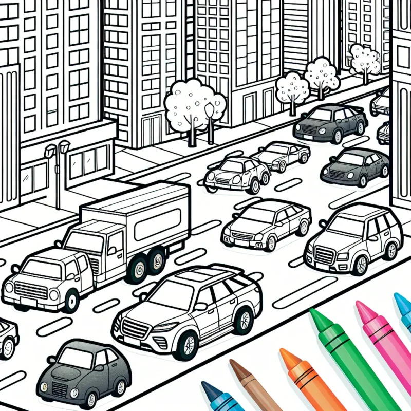 Dessiner une série de voitures par marques différentes dans une rue animée de la ville.
